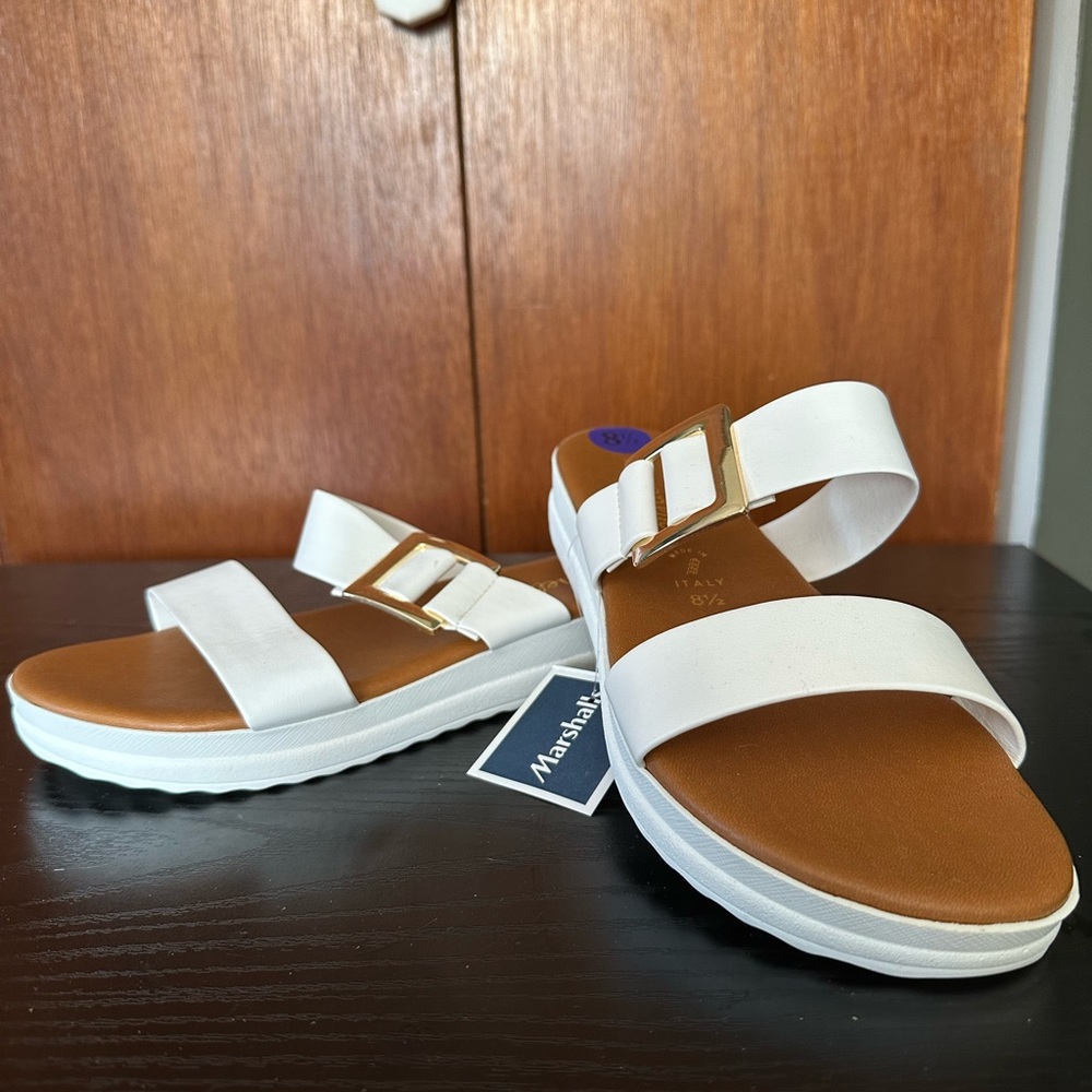 White and Tan Sandals with Gold Buckles